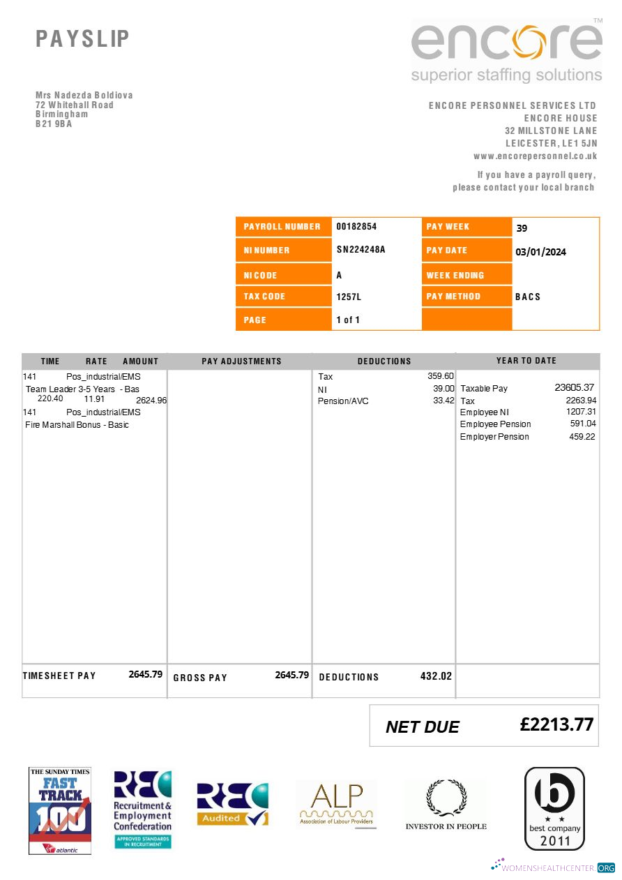 Download Encore Personnel Services (recruitment) payslip template in Word and PDF formats.pdf, 1 Photoshop template